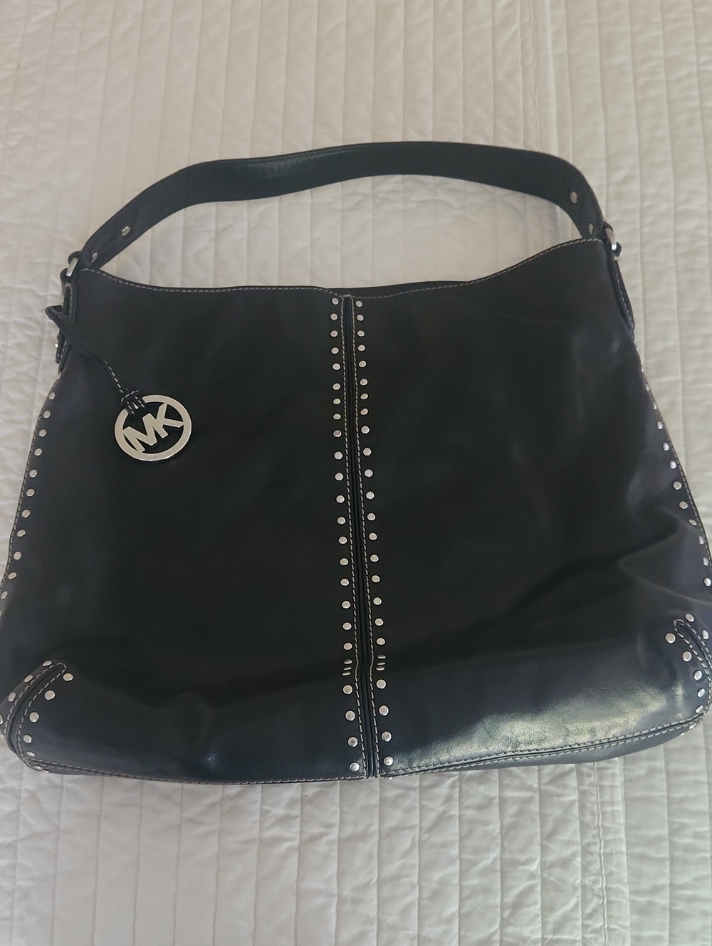 Michael Kors Black Leather Studded Hobo with Silver MK Charm